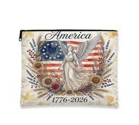 Borsa per il trucco vintage floreale, borsa per cosmetici con bandiera dell'angelo e dell'America per donne, organizer portatile in tela con cerniera, borsa da viaggio estiva, Crema, 7x9 Inch, Angelo