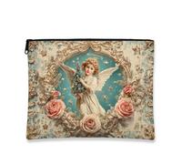 Borsa per il trucco vintage floreale, con design angelo, borsa per cosmetici da donna, organizer portatile in tela con cerniera per vacanze e viaggi, Blu, 7x9 Inch, Angelo