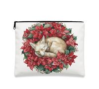 Borsa per il trucco vintage floreale, con volpe addormentata con design a stella di Natale rossa, borsa portatile da viaggio per donne, organizer per articoli da toeletta per le vacanze, Rosso, 7x9
