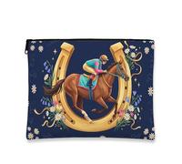 Borsa per il trucco vintage floreale, design a ferro di cavallo, borsa da viaggio per donne, organizer portatile in tela con cerniera, regalo equestre per la primavera, Navy, 7x9 Inch, Ferro di