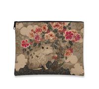 Borsa per il trucco vintage floreale, design Capybara con fiori, piccola borsa portatile in tela con cerniera, organizer da viaggio per cosmetici, borsa perfetta per la cura della pelle, Marrone, 7x9