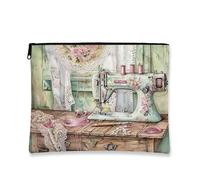 Borsa per il trucco vintage floreale, design macchina da cucire, borsa da viaggio per donne, piccola borsa portatile in tela con cerniera, regalo per gli amanti del mestiere, Verde, 7x9 Inch, Macchina