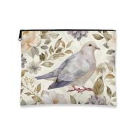 Borsa per il trucco vintage floreale, elegante design a piccione, borsa da viaggio per donne, piccola borsa portatile in tela con cerniera, regalo per festival di primavera, bianco, 7x9 Inch, Piccione