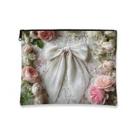 Borsa per il trucco vintage floreale, elegante organizer da viaggio per cosmetici con fiocco bianco per donne, piccola borsa portatile in tela con cerniera, regalo di nozze per la cura della pelle