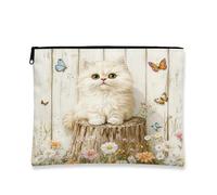 Borsa per il trucco vintage floreale, graziosa borsa da viaggio per cosmetici con gatto e farfalla per donne, piccola borsa portatile in tela con cerniera, borsa da toilette primaverile per la cura