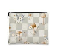 Borsa per il trucco vintage floreale, grigio a scacchi funghi cosmetici da viaggio per donne, piccola borsa portatile in tela con cerniera, regalo per festival, Grigio, 7x9 Inch, Custodia