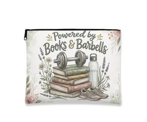 Borsa per il trucco vintage floreale, Powered by Books & Barbells, borsa da viaggio per donne, organizer portatile in tela con cerniera, borsa per la cura della pelle, bianco, 7x9 Inch, Libri