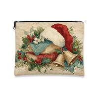 Borsa per il trucco vintage natalizia, borsa da viaggio per cosmetici con libri e campanelli natalizi per donna, organizer portatile in tela con cerniera, 7x9 pollici