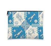 Borsa per il trucco vintage nautica, astuccio da viaggio per cosmetici, con aragosta blu e granchio, organizer portatile in tela con cerniera, borsa da toilette per la cura della pelle estiva da