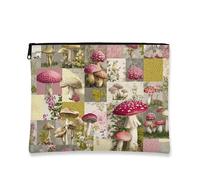 Borsa per il trucco vintage patchwork, borsa da viaggio per cosmetici floreale con fungo pesca per donne, piccola borsa portatile in tela con cerniera, scelta perfetta per articoli da toeletta, Pesca