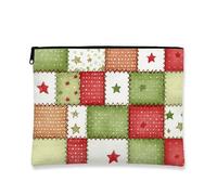 Borsa per il trucco vintage patchwork, motivo festivo con stelle, borsa da viaggio per donne, organizer portatile in tela con cerniera, borsa da toilette per la cura della pelle delle vacanze, Rosso