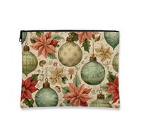 Borsa per il trucco vintage per le vacanze, ornamenti natalizi floreali, borsa da viaggio per donne, piccola borsa portatile in tela con cerniera, borsa da toilette festiva, Verde, 7x9 Inch, Ornamenti