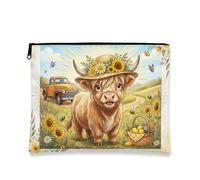 Borsa per il trucco vintage rustica a forma di mucca, borsa cosmetica floreale per donne, organizer portatile in tela con cerniera, borsa da toilette da viaggio primaverile e naturale, Beige, 7x9 Inch