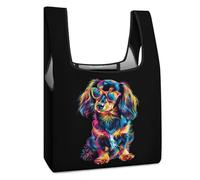 Borsa per la spesa colorata con cane bassotto a pelo lungo, divertente, riutilizzabile, stampata, pieghevole, lavabile, leggera, con manico