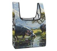 Borsa per la spesa con ippopotamo africano, divertente, riutilizzabile, stampata, pieghevole, lavabile, leggera, con manico