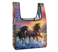 Borsa per la spesa con stampa di cavalli che corrono nel fiume tramonto divertente riutilizzabile borsa della spesa pieghevole lavabile tote leggera con manico
