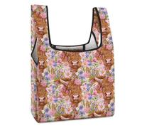 Borsa per la spesa con stampa di fiori e mucca delle Highland divertente, riutilizzabile, pieghevole, lavabile, leggera, con manico