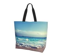 Borsa per la spesa da donna con stampa romantica con scritta "Bicycle under heart tree", borsa per la spesa e borsa a tracolla essenziale per pendolarismo e shopping, Spiaggia nel tempo del tramonto