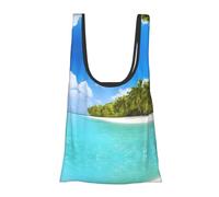 Borsa per la spesa leggera con stampa di isola con spiaggia sabbiosa e palma, pieghevole, riutilizzabile, borsa per la spesa per la spesa, viaggi, spiaggia, ecologica, compatta