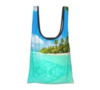 Borsa per la spesa leggera con stampa di isola con spiaggia sabbiosa e palma, pieghevole, riutilizzabile, borsa per la spesa per la spesa, viaggi, spiaggia, ecologica, compatta