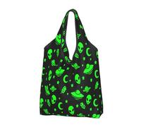 Borsa per la spesa pieghevole, riutilizzabile, con astronavi aliene, pianeta, verde, grande, con manici per il trasporto