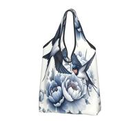 Borsa per la spesa pieghevole riutilizzabile con rondine peonie orientali blu zaffiro grande borsa della spesa con maniglie per il trasporto
