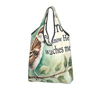 Borsa per la spesa pieghevole riutilizzabile con scritta in inglese "His Eye Is On The Bird", grande, con manici per il trasporto