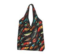 Borsa per la spesa riutilizzabile con amo da pesce, con 1 stampa, pieghevole, con manici, Nero, 3 PCS