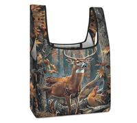 Borsa per la spesa riutilizzabile con stampa di alce selvatica con motivo foresta e pollo selvatico, borsa per la spesa pieghevole, lavabile, leggera, con manico