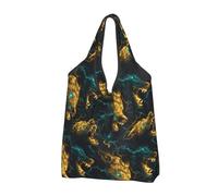 Borsa per la spesa riutilizzabile con stampa di lupi dorati, borsa della spesa pieghevole con manici, Nero, 1 PCS