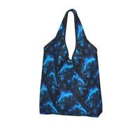 Borsa per la spesa riutilizzabile con stampa di lupo blu fulmine e fiamma, borsa della spesa pieghevole con manici, Nero, 3 PCS