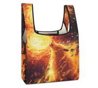 Borsa per la spesa riutilizzabile con stampa di lupo e fiamme ulula sotto la luna, borsa per la spesa pieghevole, lavabile, leggera, con manico