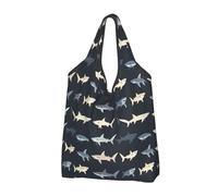 Borsa per la spesa riutilizzabile con stampa di squalo colorato, borsa per la spesa, pieghevole, con manici, Nero, 2 PCS