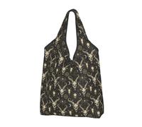 Borsa per la spesa riutilizzabile con stampa di teschio di capra, borsa per la spesa, pieghevole, con manici, Nero, 2 PCS