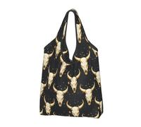 Borsa per la spesa riutilizzabile con stampa di teschio di pecora, nera e oro, borsa per la spesa pieghevole con manici, Nero, 2 PCS