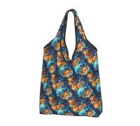 Borsa per la spesa riutilizzabile, con stampa di tigre e fiamme, rossa, blu, pieghevole, con manici, Nero, 3 PCS