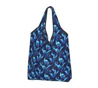 Borsa per la spesa riutilizzabile con stampa di un chitarrista blu con teschio di fuoco, borsa della spesa pieghevole con manici, Nero, 1 PCS