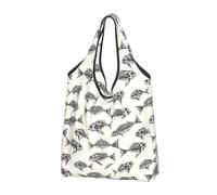 Borsa per la spesa riutilizzabile con stampa fossile, con scheletro e pesci, borsa della spesa pieghevole con manici, Nero, 2 PCS