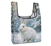 Borsa per la spesa riutilizzabile divertente con coniglio bianco in un giorno di neve, borsa per la spesa pieghevole, lavabile, leggera, con manico