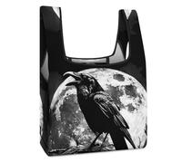 Borsa per la spesa riutilizzabile divertente con corvo e luna piena, borsa per la spesa pieghevole, lavabile, leggera, con manico