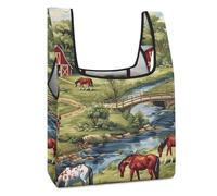 Borsa per la spesa riutilizzabile divertente con immagine di cavallo con ponte della fattoria stampata pieghevole borsa per la spesa lavabile tote leggera con manico
