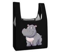 Borsa per la spesa riutilizzabile divertente con ippopotamo dei cartoni animati, stampata, pieghevole, lavabile, leggera, con manico