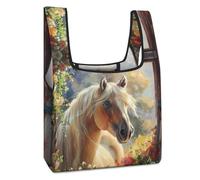 Borsa per la spesa riutilizzabile divertente con stampa di cavallo dalla finestra con fiori, borsa per la spesa pieghevole, lavabile, leggera, con manico