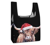 Borsa per la spesa riutilizzabile divertente con stampa di mucca delle Highland con cappello di Babbo Natale, borsa per la spesa pieghevole, lavabile, leggera, con manico