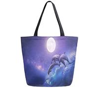 Borsa per la spesa riutilizzabile Dolphins Moon Night Borsa per la spesa in tela Borsa a tracolla grande pieghevole e lavabile per donna