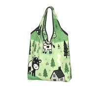 Borsa per la spesa riutilizzabile pieghevole con albero di mucca felice verde grande borsa della spesa con maniglie per il trasporto