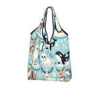 Borsa per la spesa riutilizzabile pieghevole con motivo circolo artico con simpatici animali, grande, con manici per il trasporto