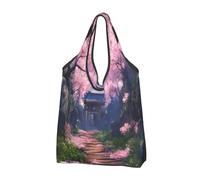 Borsa per la spesa riutilizzabile pieghevole giapponese con fiori di ciliegio paesaggio, grande borsa della spesa con maniglie per il trasporto