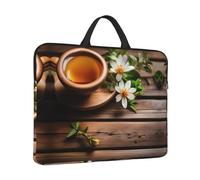 Borsa per laptop da 14 pollici, borsa a tracolla portatile con stampa di bradipo carino per affari, viaggi, Fiore di tè su tavola di legno, Taglia unica
