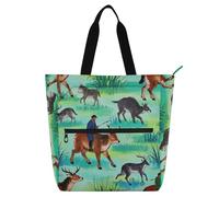 Borsa per libri artistica, per ragazzi e ragazze, adulti, con pittura a inchiostro verde preda, grande, riutilizzabile, borsa da spiaggia con cerniera, per scuola, shopping, generi alimentari